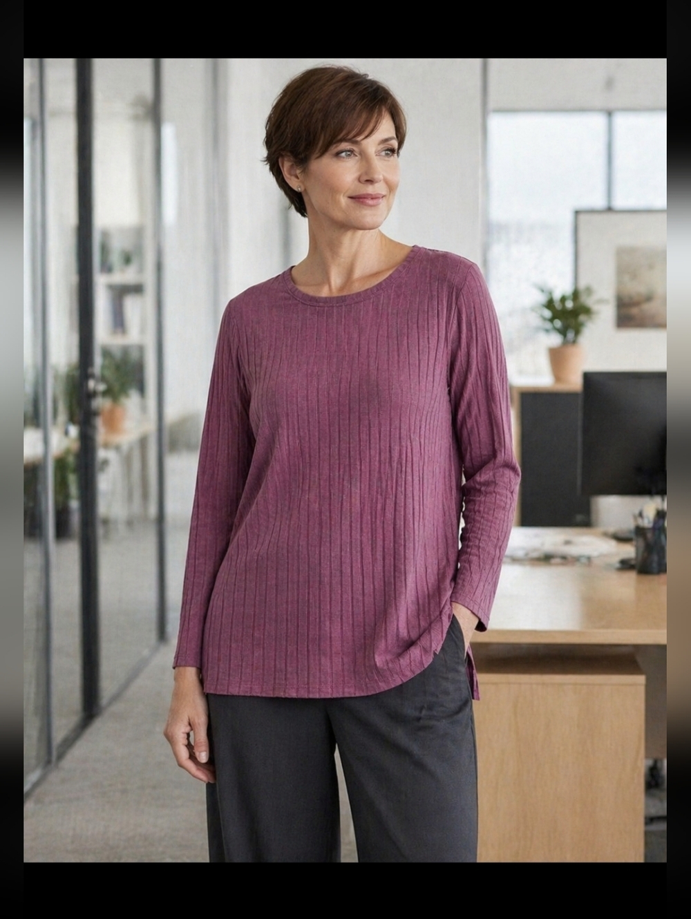 Eileen Fisher XL Ribbed Lyocell Stretch Tunic Top Mauve Purple Minimalist